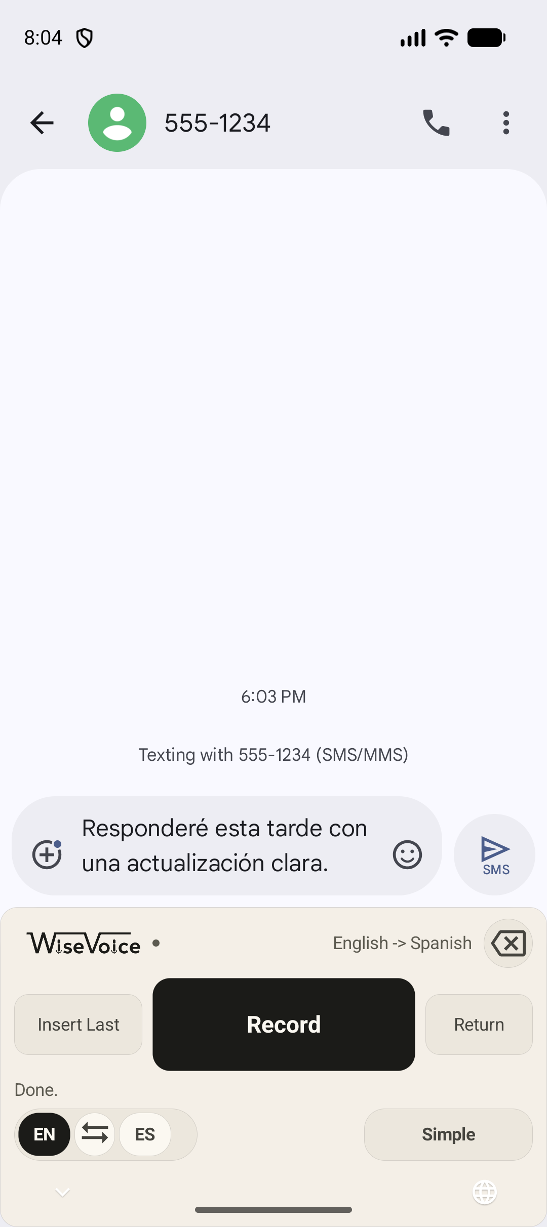 Actual WiseVoice keyboard translating an English message into Spanish